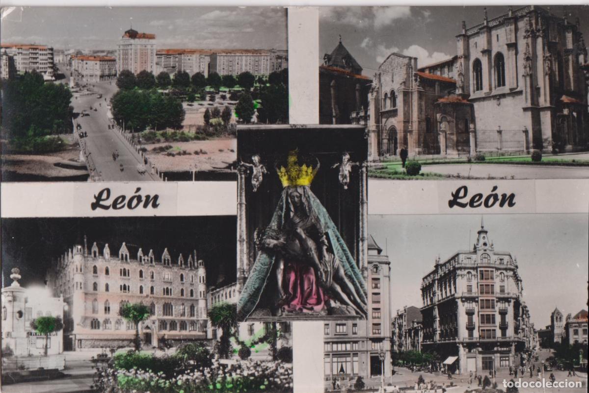 Postales: LEON, BAS&Iacute;LICA SAN ISIDORO, EDIFICIO CAJA, PLZA.S. DOMINGO - EDICIONESS ARTIGOT 525 - CIRCULADA-1961