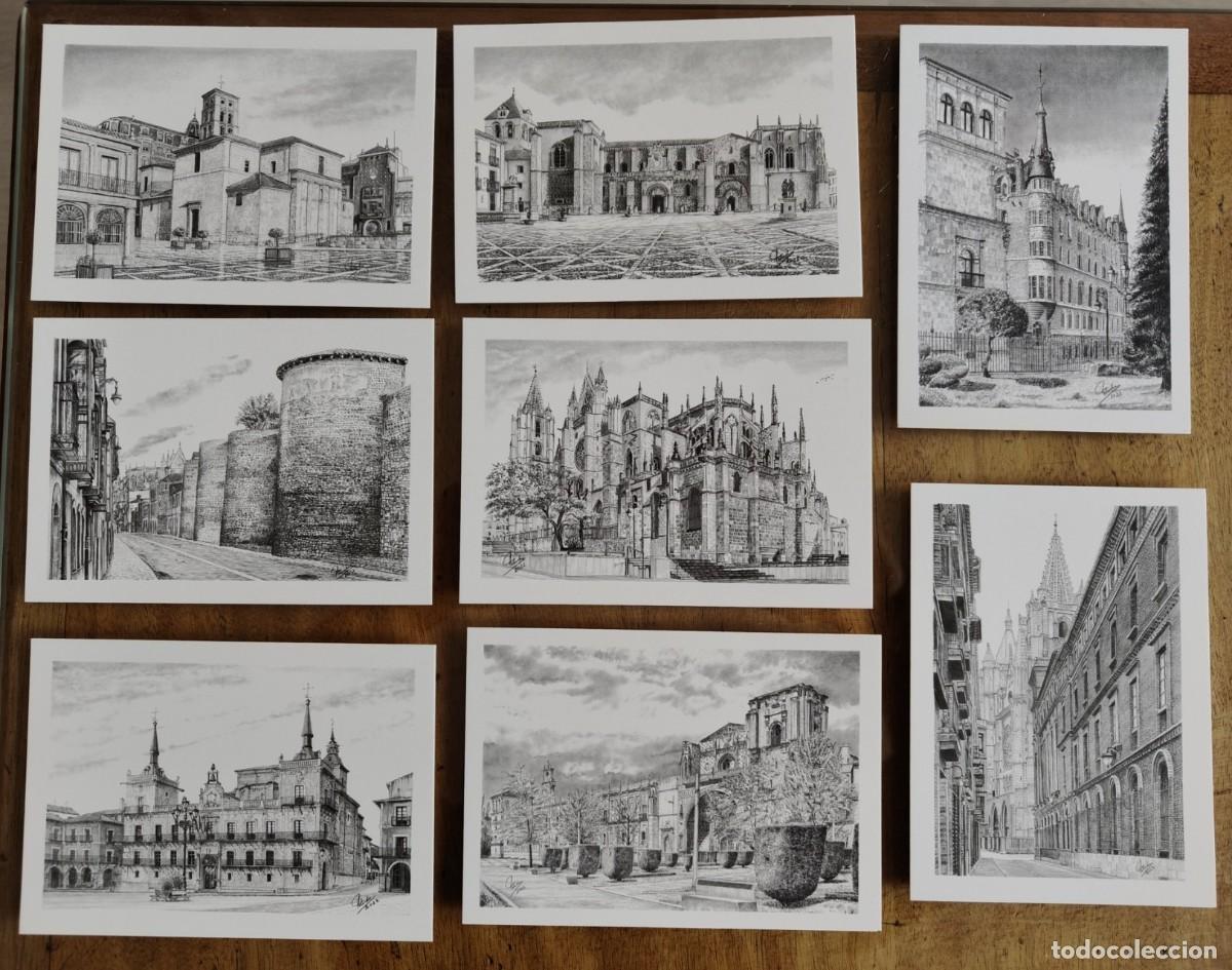 Postales: COLECCI&Oacute;N DE 8 POSTALES DE MONUMENTOS DE LE&Oacute;N DIBUJADAS A L&Aacute;PIZ