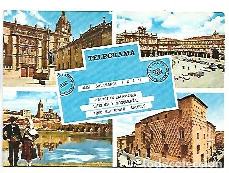 Postales: &rdquo; TELEGRAMA &rdquo;.- PLAZA DE LA UNIVERSIDAD-PLAZA MAYOR-VISTA PARCIAL-CASA DE LAS CONCHAS.- SALAMANCA