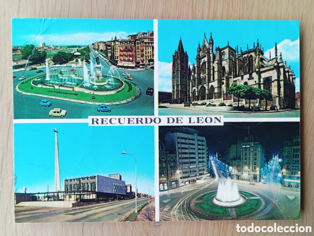 Postales: POSTAL LE&Oacute;N PLAZA DE GUZM&Aacute;N EL BUENO HIJOS DE F. ALONSO 22 A&Ntilde;O 1975 ALGO ARRUGADA