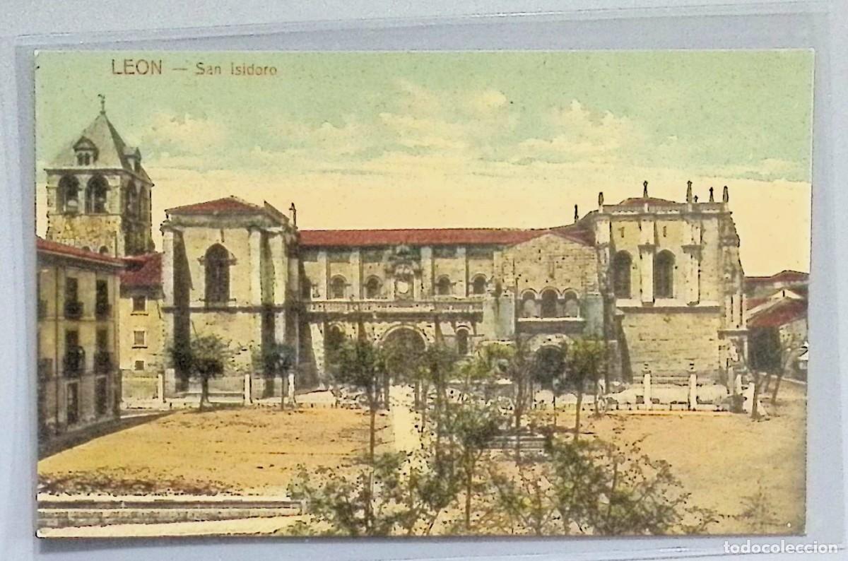 Cartoline: LE&Oacute;N. SAN ISIDORO.Tarjeta postal antigua coloreada