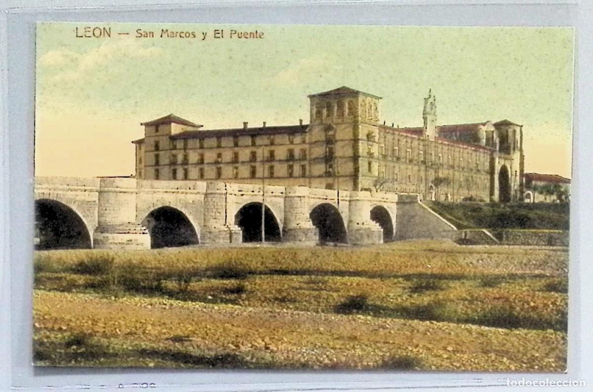 Cartoline: LE&Oacute;N. SAN MARCOS Y EL PUENTE.Tarjeta postal antigua coloreada