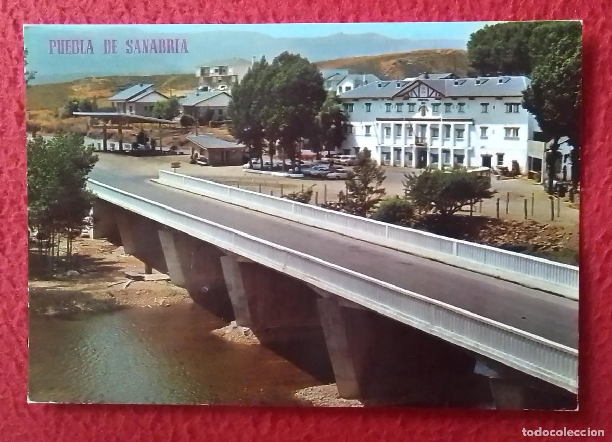 Postales: POSTAL POST CARD DE PUEBLA SANABRIA ZAMORA PUENTE SOBRE EL R&Iacute;O CASTRO AL FONDO HOSTAL LOS PERALES...