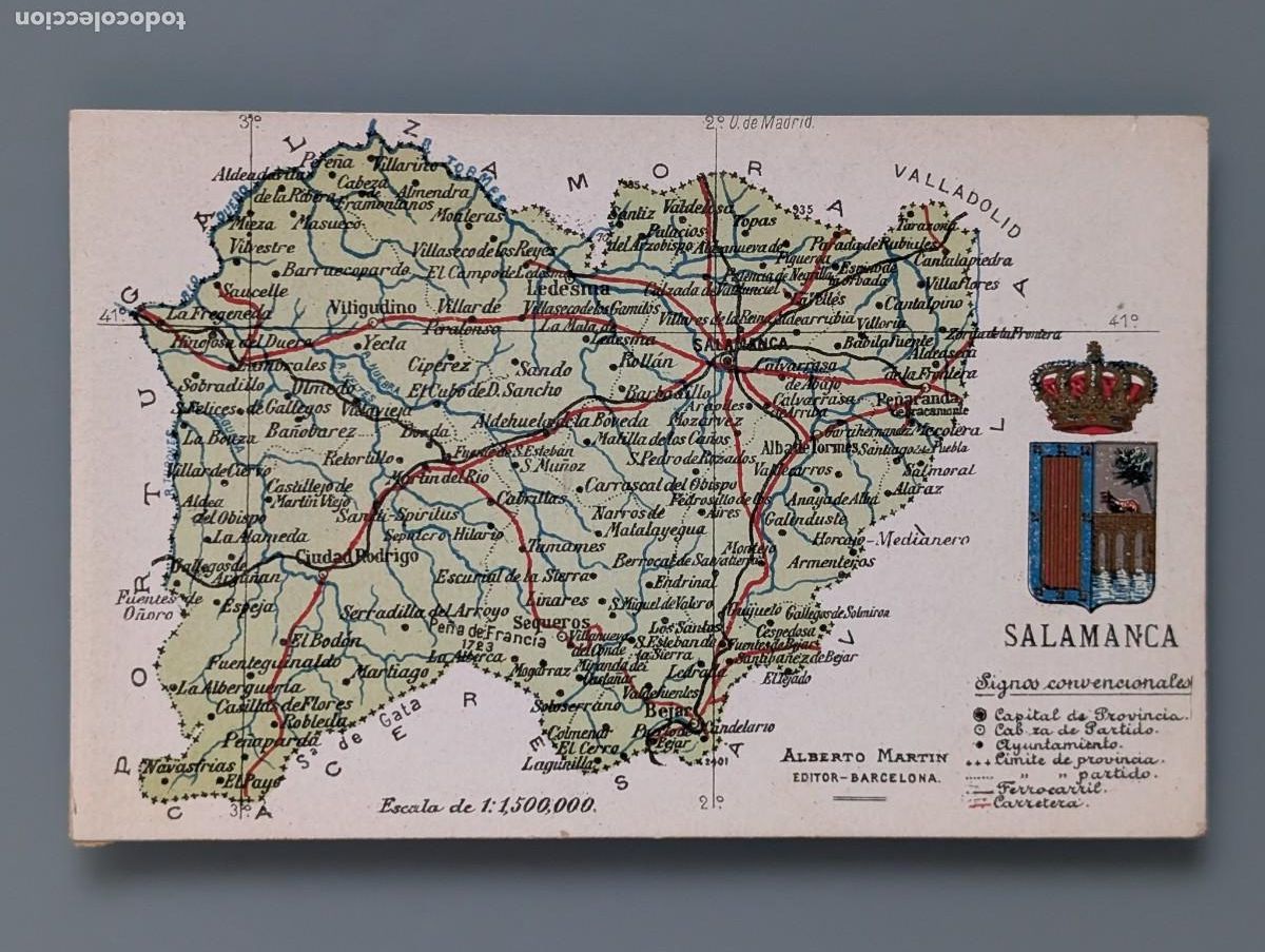 Postales: BONITA POSTAL N&deg; 36 MAPA SALAMANCA CASTILLA ED ATLAS GEOGRAFICO ESPA&Ntilde;A Y PORTUGAL PERFECTA CONSERV