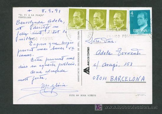 Postales: Centelles. *El Pi a la Pla&ccedil;a* Ed. Amics de Centelles. Circulada 1991. - Foto 2