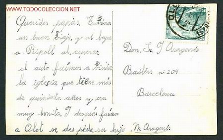 Postales: Olot. *Vista General* Sin datos editor. Circulada 1953. - Foto 2