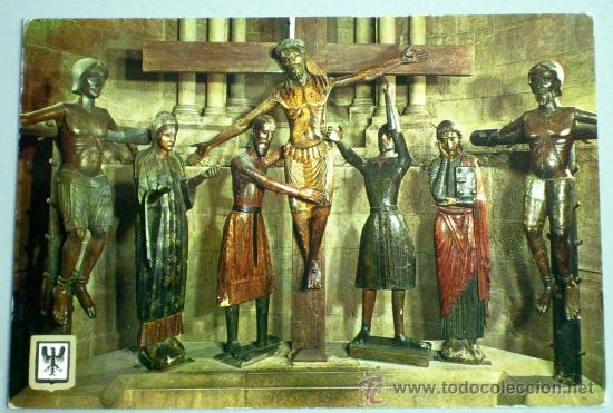 Cartes Postales: Postal Sant Joan des Abadesses Sant&iacute;simo Misterio Crucifixi&oacute;n Calvario Comercial Escudo Oro a&ntilde;os 60