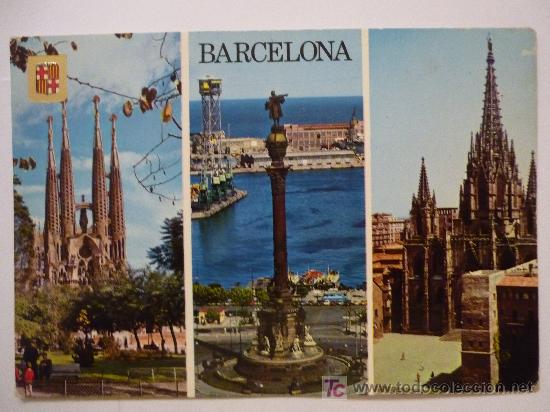 Postales: BARCELONA-TEMPLO SAGRADA FAMILIA,MONUMENTO A CRISTOBAL COL&Oacute;N Y PUERTO,CATEDRAL- N10,ESC. ORO-A&Ntilde;O 70