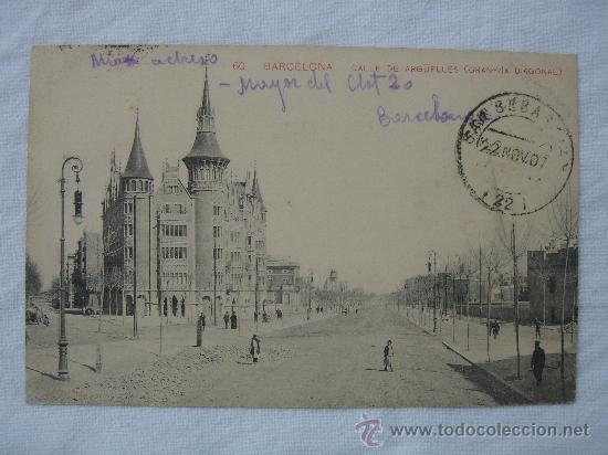 Postales: BARCELONA- CALLE DE ARGUELLES. CIRCULADA, ESCRITA Y CON SELLO DE 10 CTS ALFONSO XIII (17-V-15)