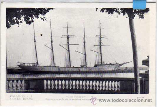 Postales: PALAMOS. 1. Costa brava. Buque escuela de la marina alemana. Carl Vinnew. Sin circular.