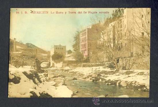 Postales: Postal d' ARBUCIES: La Riera i Torre del Sr.Pag&egrave;s nevada. Fotografica acolorida (JB num.16)