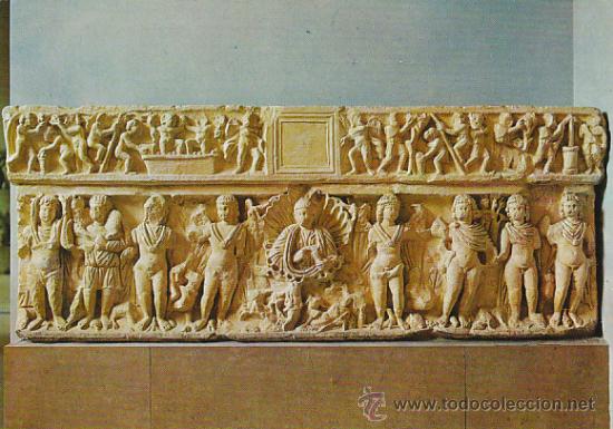 Postales: Ampurias, ruinas romanas: sarcofago de las estaciones, editor: Fabregat  n&ordm; 1434