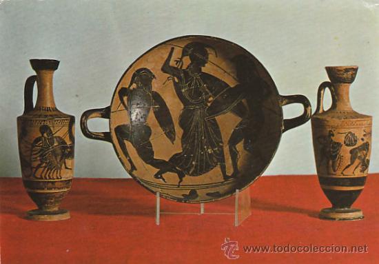 Postales: Ampurias, ruinas romanas: Kilix y lekitos de figuras negras, editor: V.C n&ordm; 1435