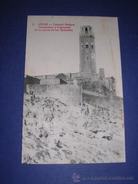 Postkarten: 2 LERIDA CATEDRAL ANTIGUA CAMPANARIO Y FRAGMENTO DE LA PUERTA DE LOS APOSTOLES COL. URRIZA ,CIRCULAD
