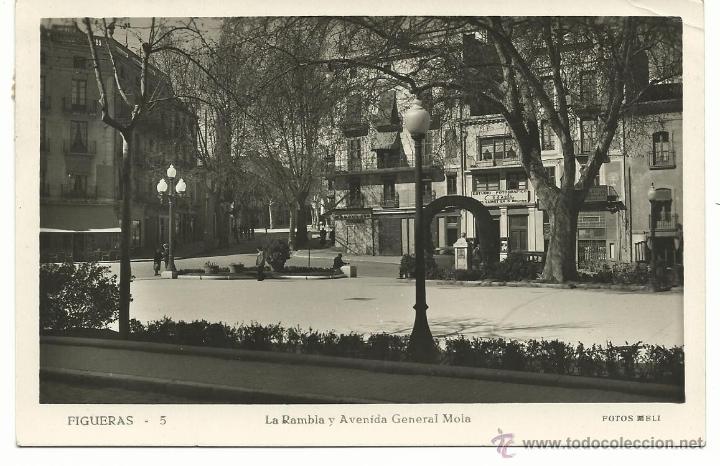 Postales: FIGUERAS.-N&ordm; 5 / LA RAMBLA Y AVENIDA GENERAL MOLA / FOTOS MELI / FRANQUEADA