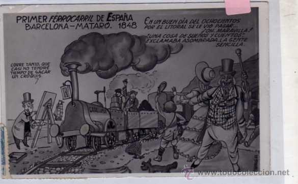 Postales: Primer ferrocarril de Espa&ntilde;a. Barcelona- Mataro. 1848. ilustrador Fraga. Tren. Ed Carreras.