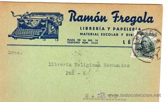 Postkarten: L&eacute;rida. Ram&oacute;n Fregola. Libreria y papeler&iacute;a Material escolar. Circulada en 1935