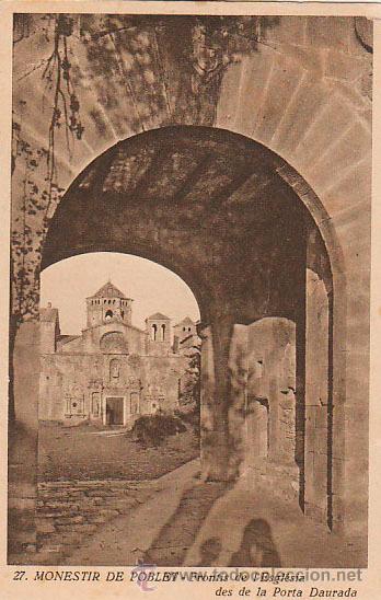 Postkarten: Poblet, frontis de la iglesia desde la puerta Dorada, editor: el Monsaterio n&ordm; 27