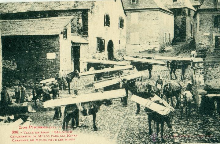 Postales: PIRINEOS. VALLE DE AR&Aacute;N. SALARD&Oacute;. SALARDU. CARGAMENTO DE MULOS PARA LAS MINAS. HACIA 1905.