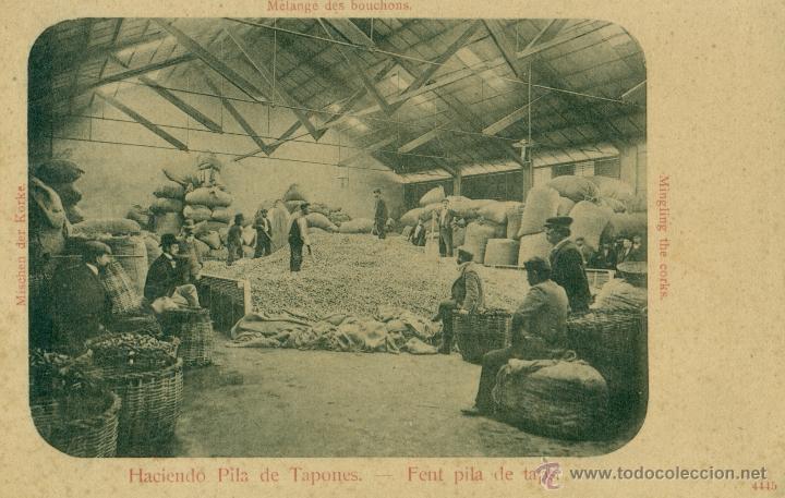 Postales: HACIENDO PILA DE TAPONES. INDUSTRIA CORCHO TAPONERA. EDITADA EN PALAFRUGELL.HACIA 1910.