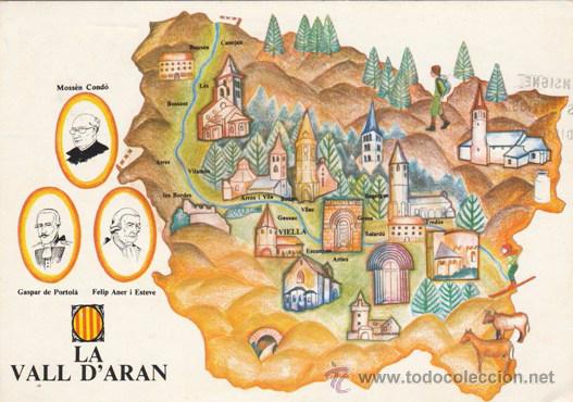 Postales: LA VALL D&acute;ARAN - MAPA GUIA - CONGRES DE CULTURA CATALANA - DIBJ. TERESA BAIXAS - ED. CATALANES -1977