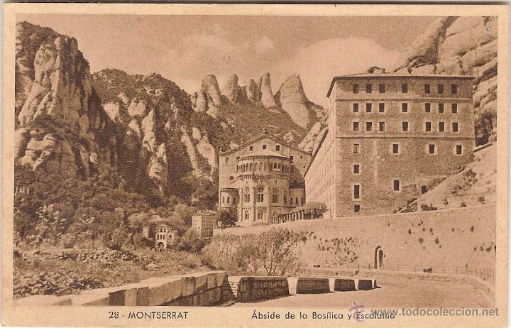 Postales: MONTSERRAT, &Aacute;BSIDE DE LA BAS&Iacute;LICA Y ESCOLANIA - HR HUECOGRABADO RIUSSET N&ordm; 28 - CIRCULADA 1947