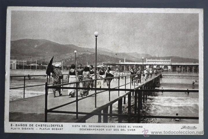 Postales: POSTAL DE LOS BA&Ntilde;OS DE CASTELLDEFELS - VISTA DEL DESEMBARCADERO DESDE EL VIVERO. ZERKOWITZ, 1.932