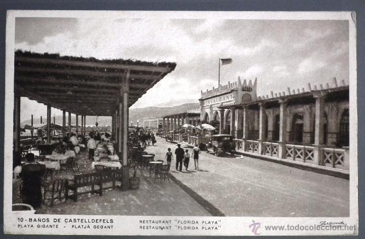 Postales: POSTAL DE LOS BA&Ntilde;OS DE CASTELLDEFELS - RESTAURANT FLORIDA PLAYA. FOT. ZERKOWITZ DEL A&Ntilde;O 1.932