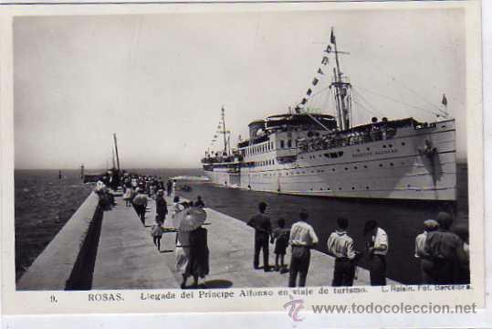 Postales: Rosas 9 Llegada del Principe Alfonso en viaje de turismo. L. Roisin. Barco. Sin circular.