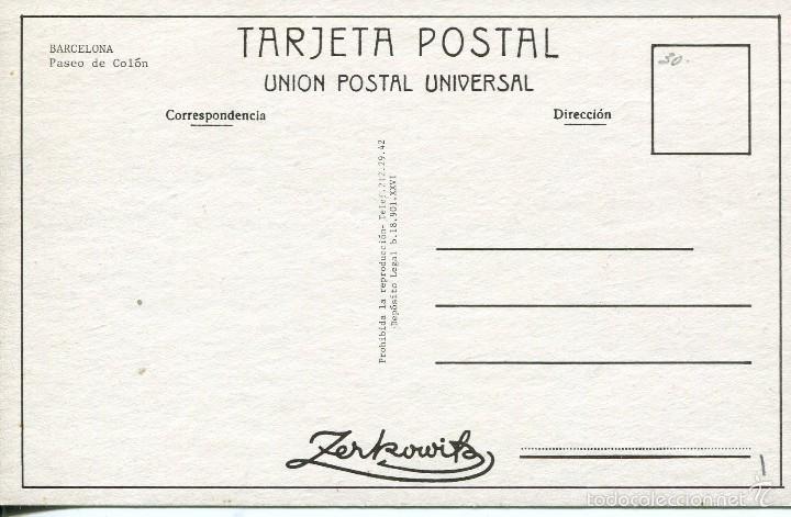Postales: BARCELONA -PASEO DE COL&Oacute;N-ZERKOWITZ - Foto 2