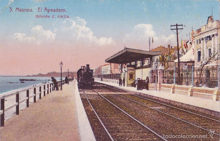 Postales: MASNOU. EL APEADERO. EDICI&Oacute;N C. ORTA. CIRCULADA 1914.