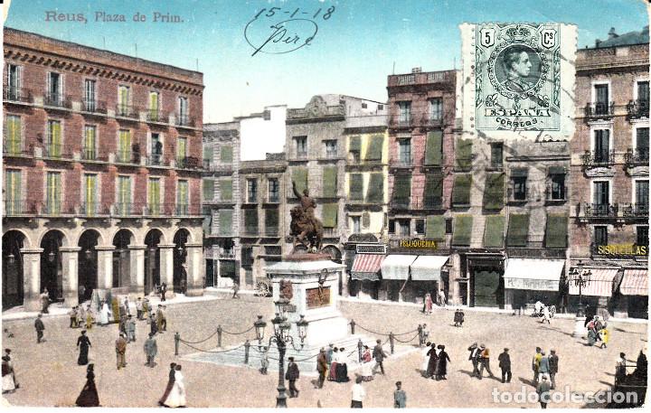 Postales: POSTAL REUS.- PLAZA DE PRIM  POSTAL CIRCULADA A FRANCIA