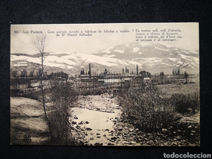 Postales: 590 LOS PIRINEOS GRAN PAISAJE NEVADO Y F&Aacute;BRICAS DE HILADOS Y TEJIDOS DE D MIGUEL SALBADOR