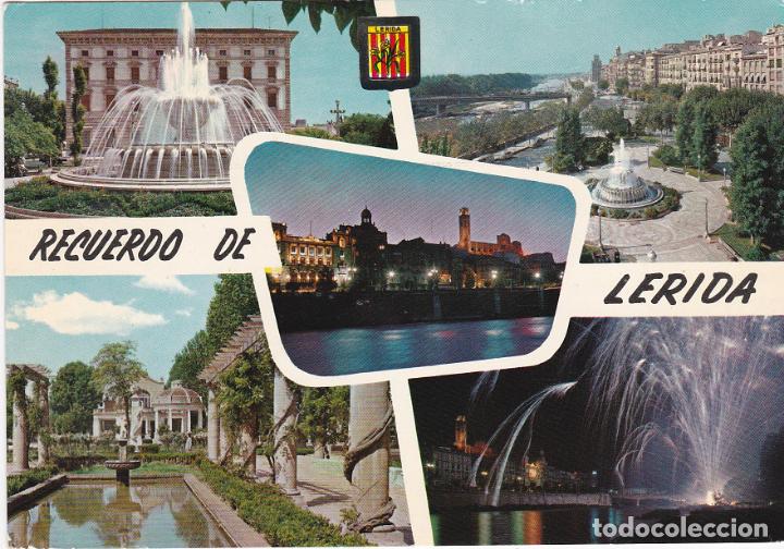 Postales: lerida, fuente monumental, pl. del gobierno civil, surtidor, vista nocturna seo antigua al fondo