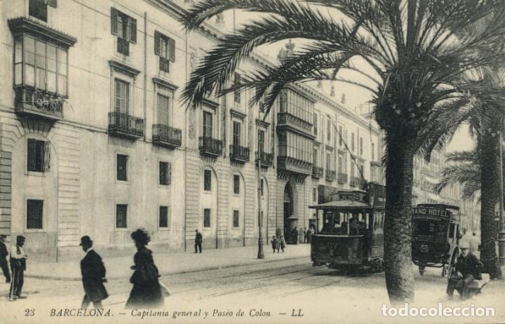 Postcards: a05463Barcelona - Capitania General Y Paseo De Colon - Ll N&ordm;23 tranvia carro grand hotel
