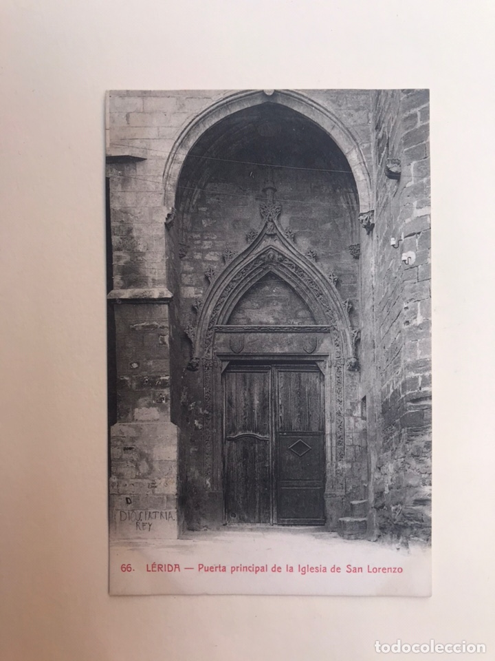 Postales: LERIDA. Postal No.66, Puerta principal de la Iglesia de San Lorenzo. Edita: Colec. Urriza (h.1930?)