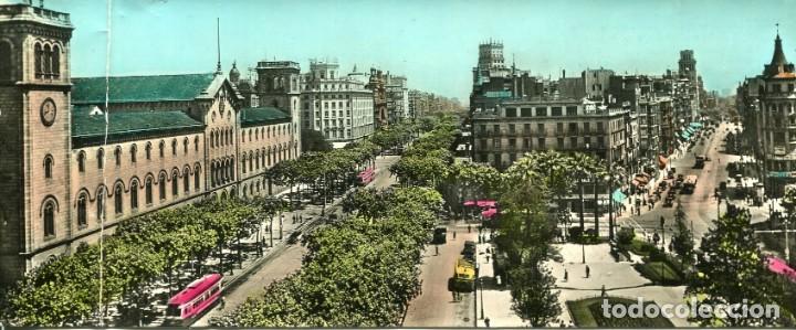 Postales: BARCELONA- UNIVERSIDAD Y AVDA. JOS&Eacute; ANTONIO-PANOR&Aacute;MICA-DOBLE-ZERKOWITZ- 1959