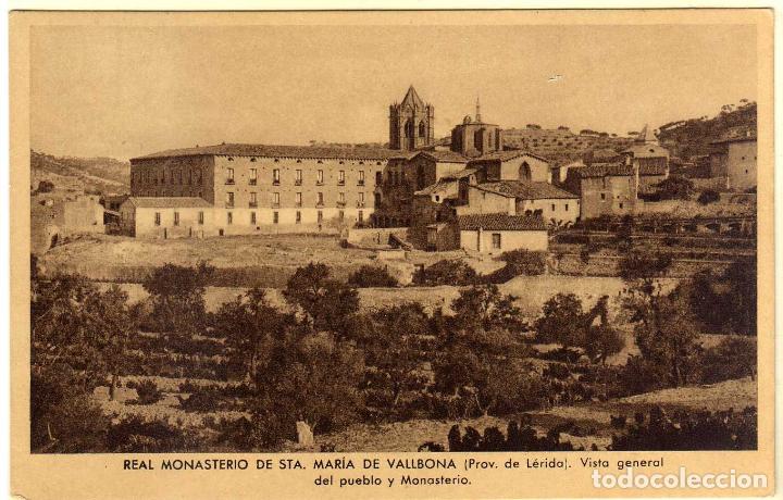 Postales: POSTAL REAL MONASTERIO DE STA.MARIA DE VALLBONA (LERIDA) - VISTA GENERAL DEL PUEBLO Y MONASTERIO
