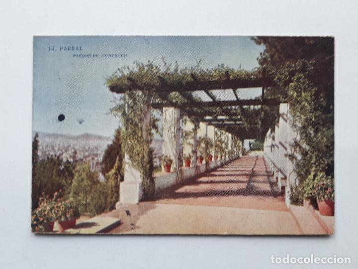 Postais: El Parral. Parque de Montjuich. Trasera con Publicidad F&aacute;brica de Dulces P. Mauri.