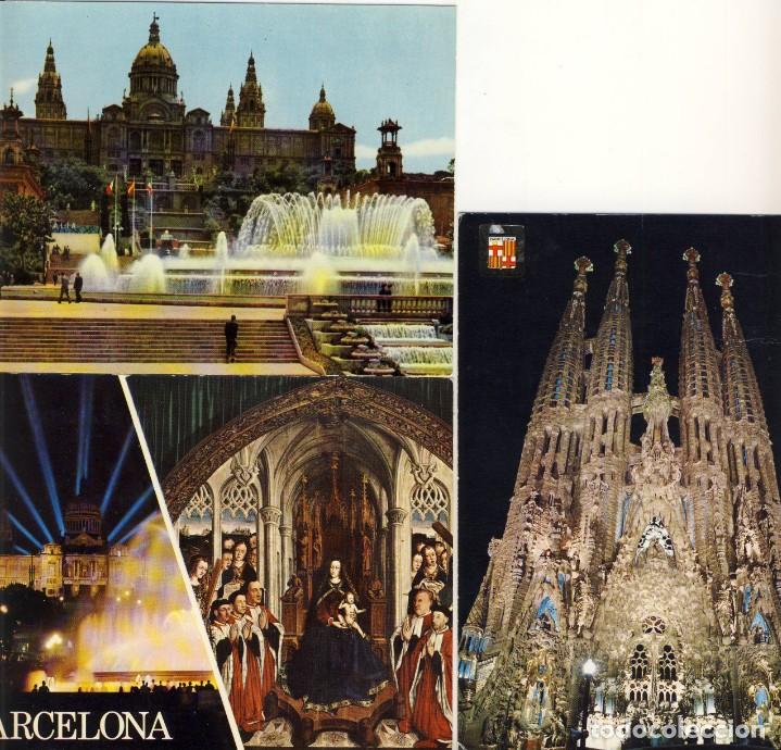 Postais: TRES POSTALES DE BARCELONA: MONTJUICH, FUENTE MONUMENTAL Y SAGRADA FAMILIA.-