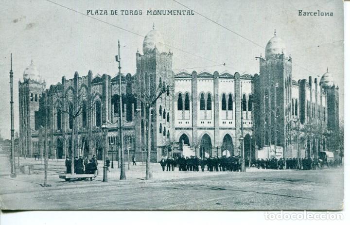 Postales: BARCELONA-PLAZA DE TOROS LA MONUMENTAL-CARRO-ANIMADA- A&Ntilde;O 1916