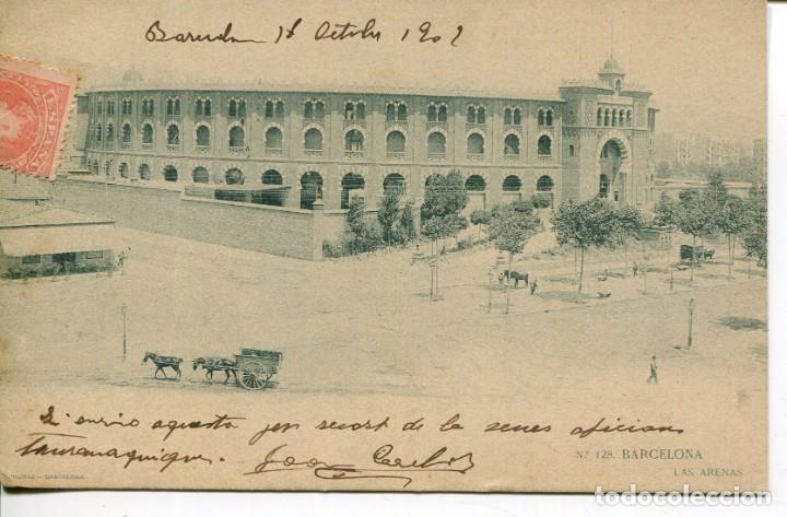 Postales: BARCELONA-LAS ARENAS PLAZA DE TOROS-CARROS DE TRANSPORTE- LB-THOMAS N&ordm; 128-SIN DIVIDIR