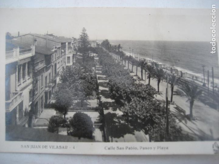 Postales: San Juan de Vilasar . N&ordm; 4. Calle San Pablo, Paseo y Playa. Ed. Oriol. Circulada 1950