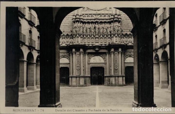 Postales: Montserrat. Detalle del Claustro y Fachada de la Bas&iacute;lica. Sin circular 1951