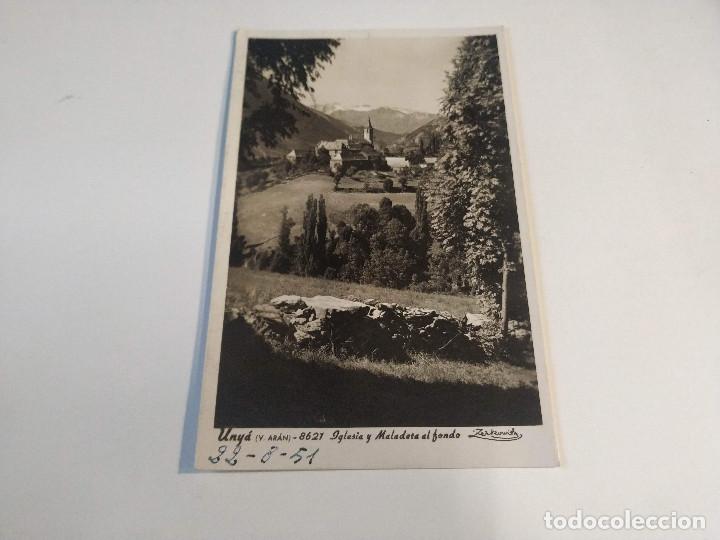 Postales: VALL D'ARAN - POSTAL UNY&Agrave; - IGLESIA Y MALADETA AL FONDO