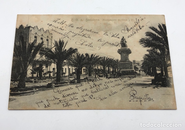 Postales: TARJETA POSTAL BADALONA MONUMENTO DE ROCA Y PI CO3 CIRCULADA 1913