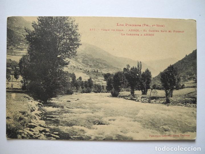 Postales: Los Pirineos. Valle de Aran Arros. El Garona bajo el pueblo. N. 377 Escrita 1919