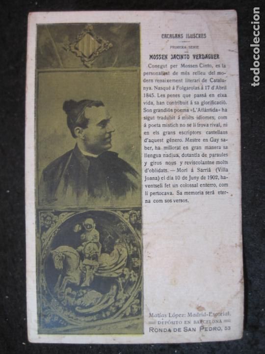 Postales: MOSSEN JACINTO VERDAGUER-CATALANS ILUSTRES-REVERSO SIN DIVIDIR-POSTAL ANTIGUA-(92.128)