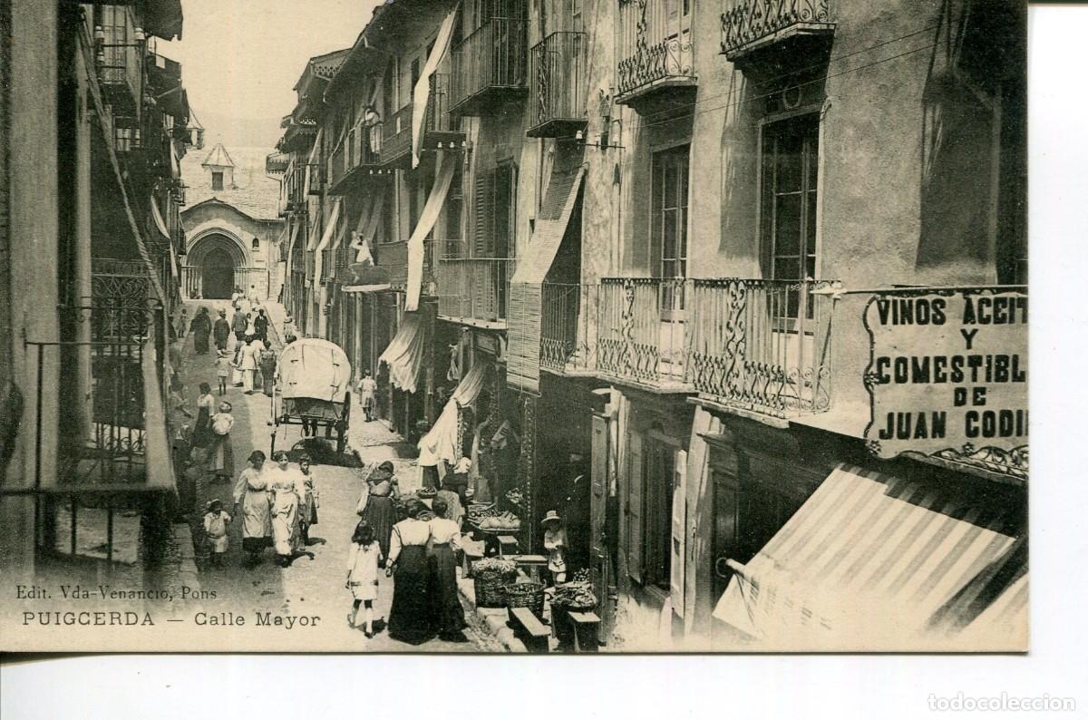Postales: PUIGCERDA-CALLE MAYOR-IGLESIA-COMESTIBLES-