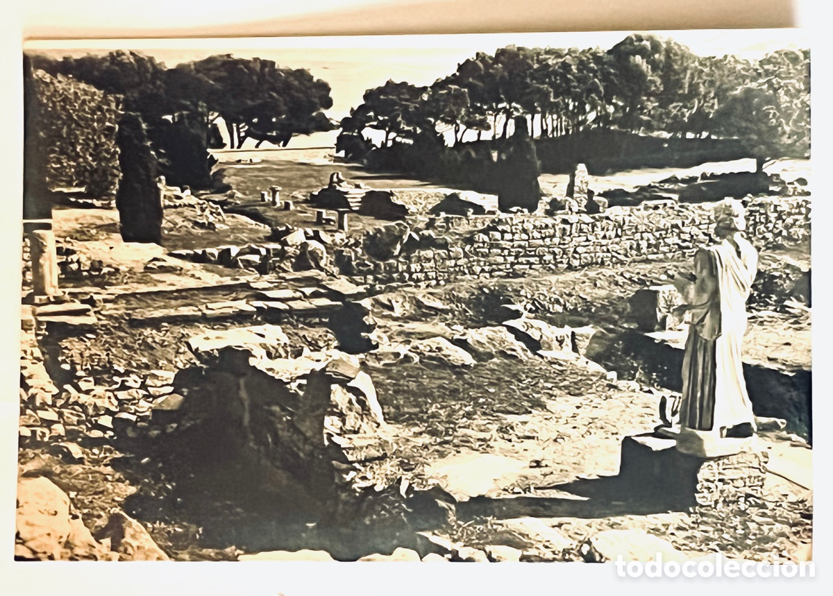 Postais: POSTAL AMPURIAS: CENTRO RELIGIOSO DE EMPORI&Oacute;N EN PRIMER TERMINO, ESTATUA DE ESCULAPIO